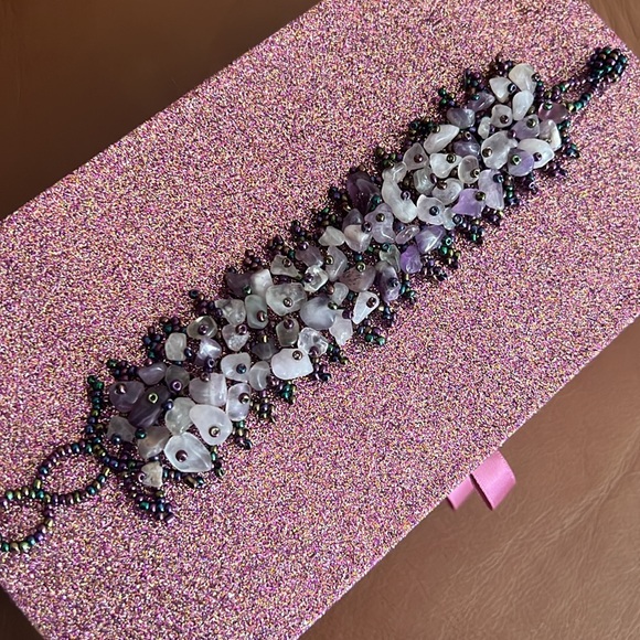 Genuine Amethyst and Borealis Seed Beaded Adjustable Cuff Bracelet - Picture 4 of 9